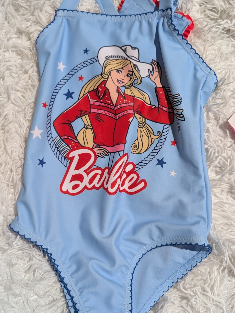 Brand New Rodeo Barbie Girls Swimsuit Pink Cowgirl Star Back 4-5